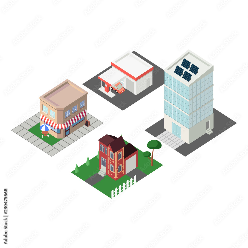 Flat isometric buildings. Smart city infographics template vector illustration. 3d isometry concept. Flat isometric buildings. Smart city infographics template vector illustration. 3d isometry concept.