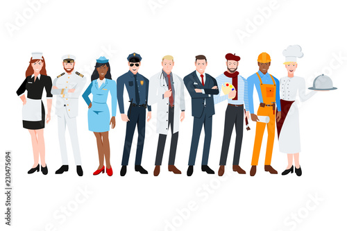 People of different professions. Maid, Captain, Stewardess, Policeman, doctor, businessman, painter, builder, chefe.Vector illustration in a flat style.