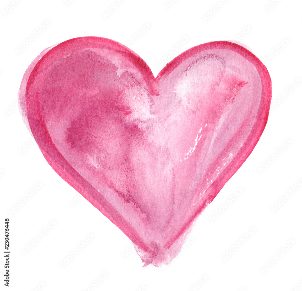 Big abstract light pink heart painted in watercolor on clean white background