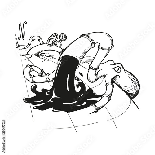 Gigantic octopus representing oil industry is entangling the planet with its oil pipeline-looking tentacles. Sketch style drawing isolated on a white background. EPS10 vector illustration