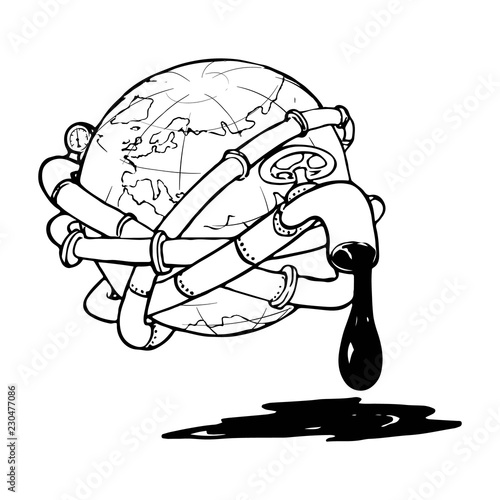 Globe entangled with oil pipelines. Illustration on the modern world vicious dependency on the fossil fuels. Sketch style drawing isolated on a white background. EPS10 vector illustration