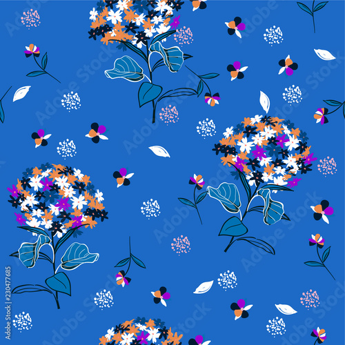 Hydenyear pattern seamless flowers Pattern Isolated on electric blue color. Botanical Floral Decoration Texture. H photo