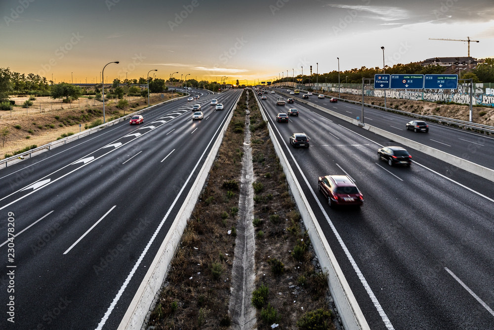 The M-40 orbital motorway circles the central districts of Madrid, the capital city of Spain.