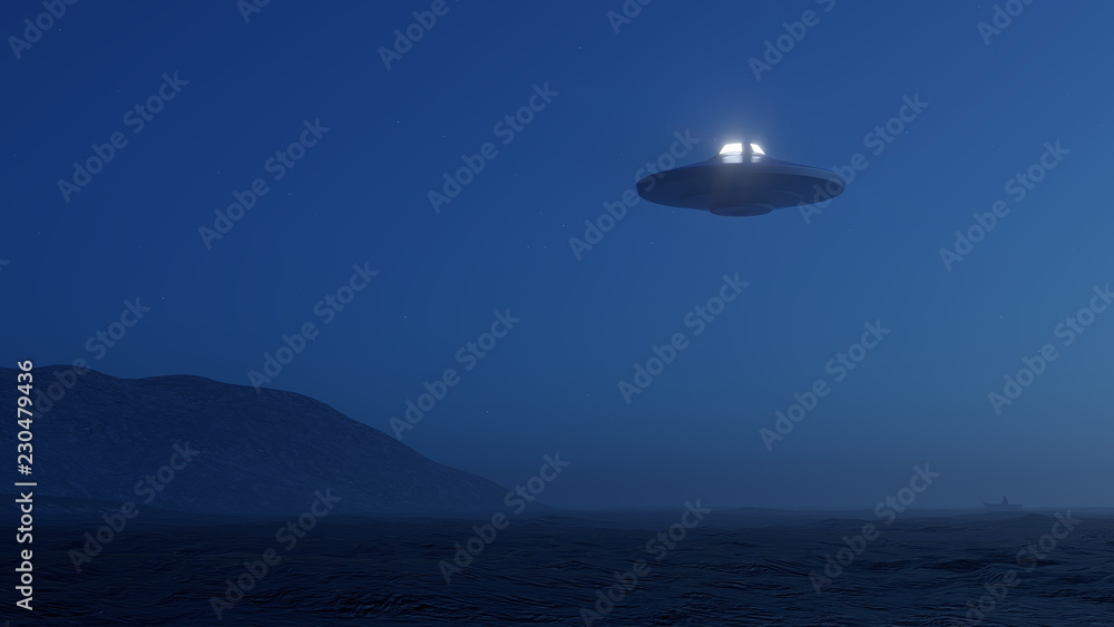 3d render UFO above the ocean
