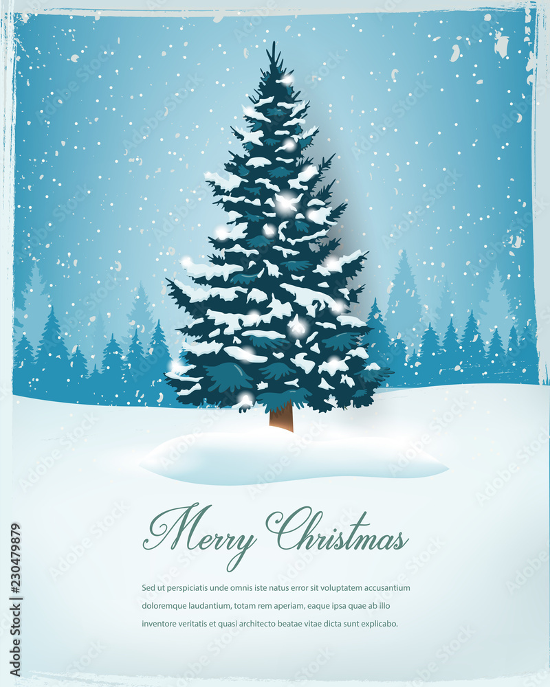 Christmas tree with snowy winter landscape. Holiday background. Merry Christmas and Happy New Year. Vector