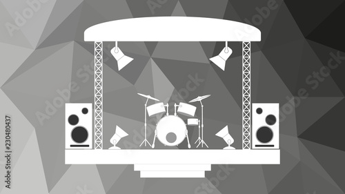 Concert stage and musical equipment isolated on polygonal mosaic background.