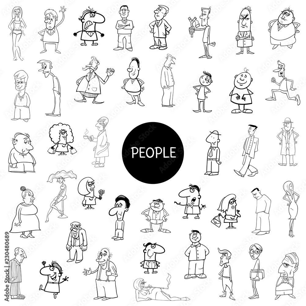 Fototapeta black and white people characters big set