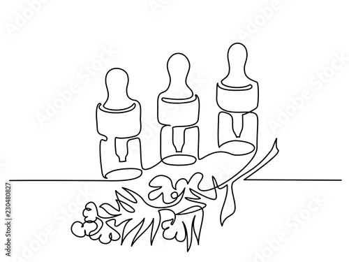 Continuous one line drawing. Cosmetic vial with pipette. Vector illustration