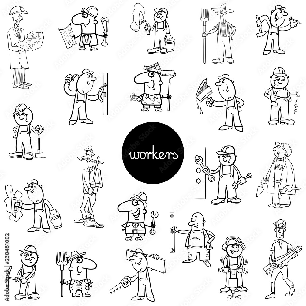 black and white workers characters set black and white workers characters set