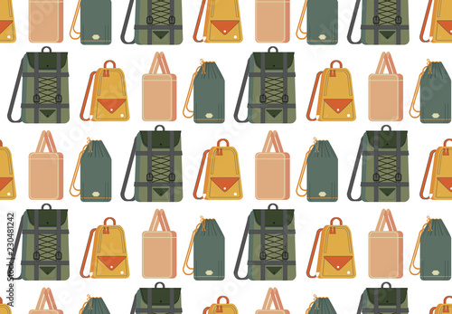 Travel different bags  backpacks various backpacks for travel. Flat isometric icons illustration. Set of illustrations for traveling  hiking  flying  resting  resting  vacation  job  school.