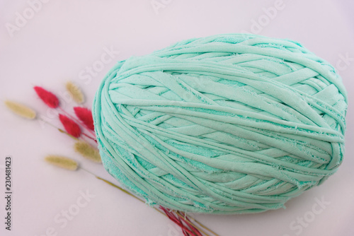 Studio photo of a skein of handmade yarn on a white background