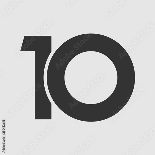 10 th years old logotype. Isolated simple abstract graphic symbol of 10%. Straight elegant cut number design template. Round shape digits, up to -10 % percent off sign. Emblem in minimalistic slyle. photo