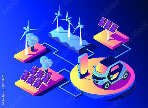Transmission of solar and wind energy for use at home. Solar panels and wind turbines feed the electric car. Electric refueling. Isometric 3d