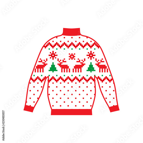 Winter warm sweater handmade, svitshot, jumper for knit, red color. Women's sweaters, men's sweater, unisex sweater. Design - snowflakes, reindeer jacquard pattern. Christmas, New Year, stock vector photo