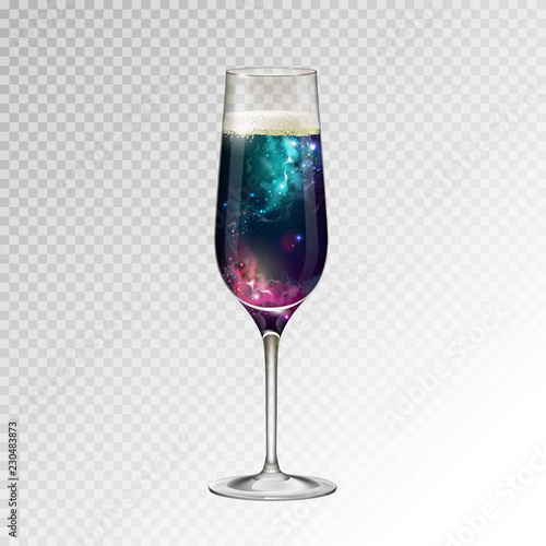 Realistic vector illustration of champagne glass  with space background inside photo