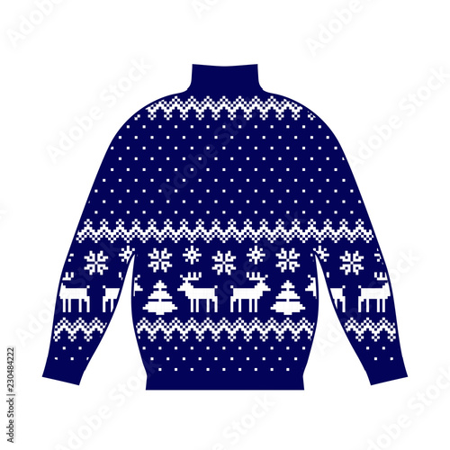 Winter warm sweater handmade, svitshot, jumper for knit, red color. Women's sweaters, men's sweater, unisex sweater. Design - snowflakes, reindeer jacquard pattern. Christmas, New Year, stock vector photo