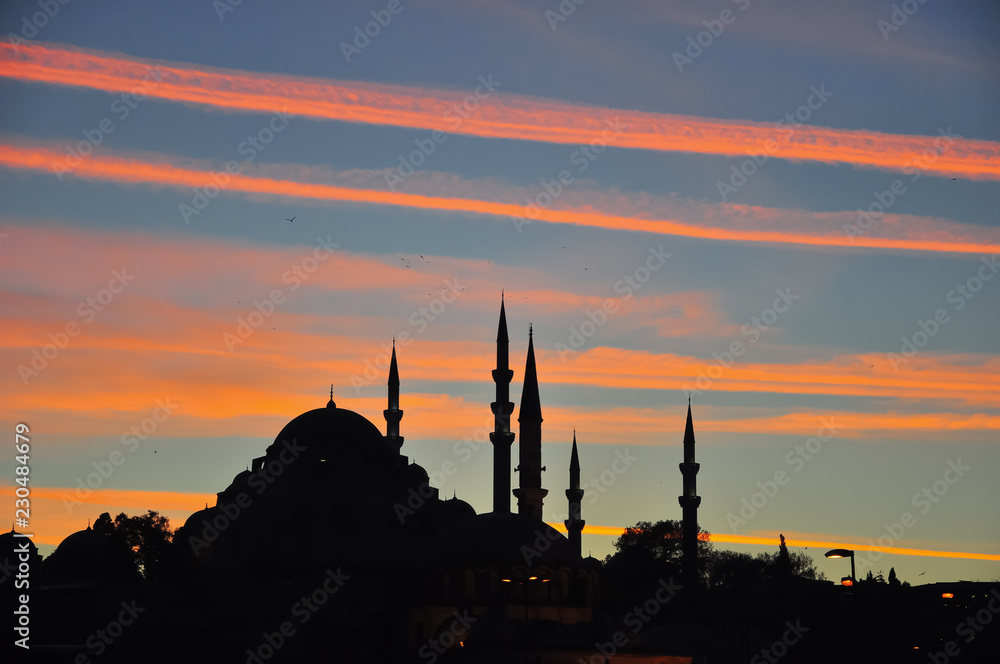 Fototapeta premium Suleymaniye Mosque shot at beautiful red sunset, Istanbul, Turkey