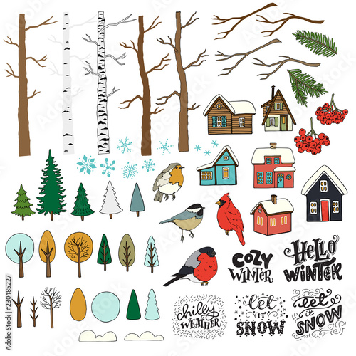 Set of hand drawn winter forest clipart