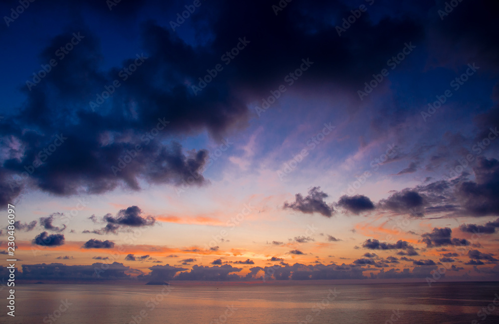 Aerial view of beautiful amazing sea sunset with color dramatic sky