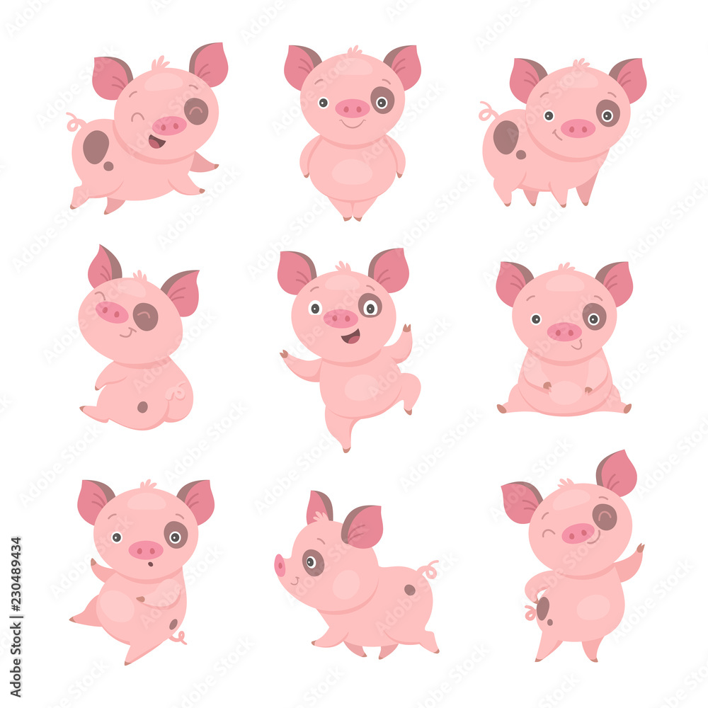 Cute piggy collection. Vector illustration of funny cartoon pink piggy in different poses. Isolated on white.