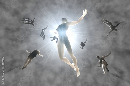 3D rendered illustration of Souls of deceased People streaming into the white light and afterlife of heaven.
 photo