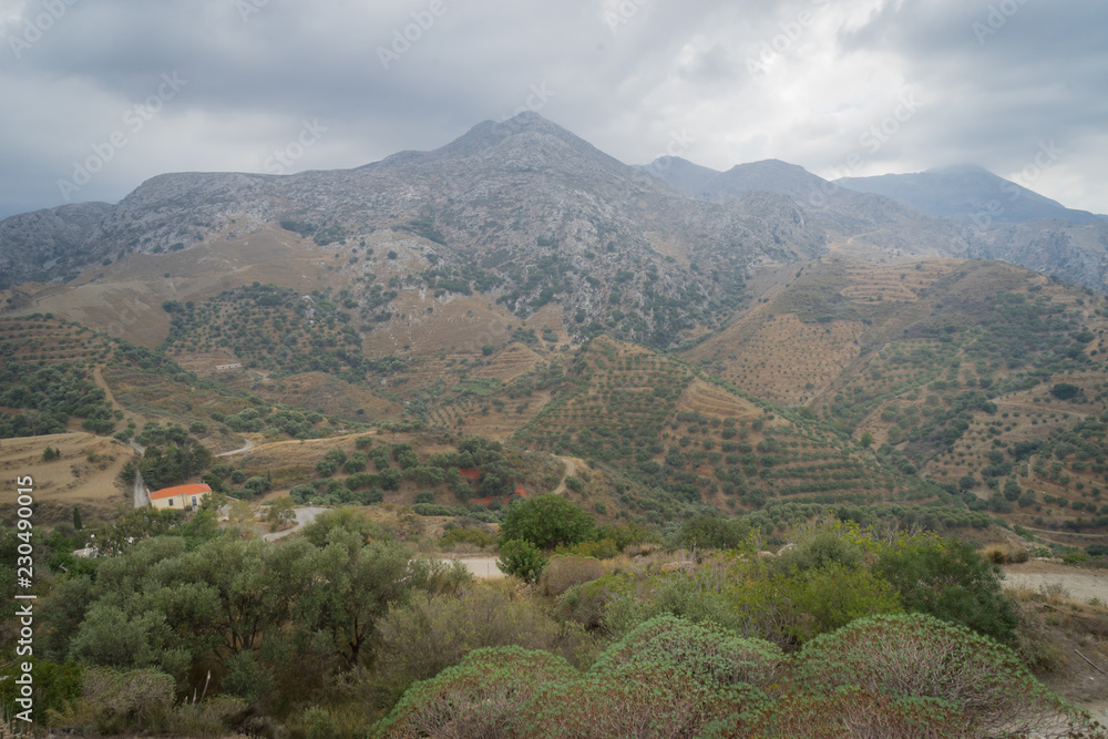 Hania, Crete - 09 25 2018: Polirinia. Small mountain. Panoramic view on fields and mountains