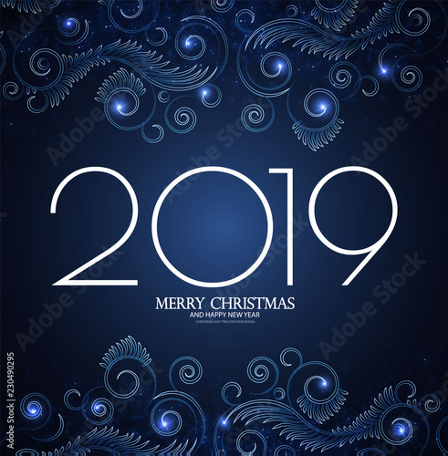 Happy Hew 2019 Year  Shining Holiday Background with Frost Patterns and Lights.