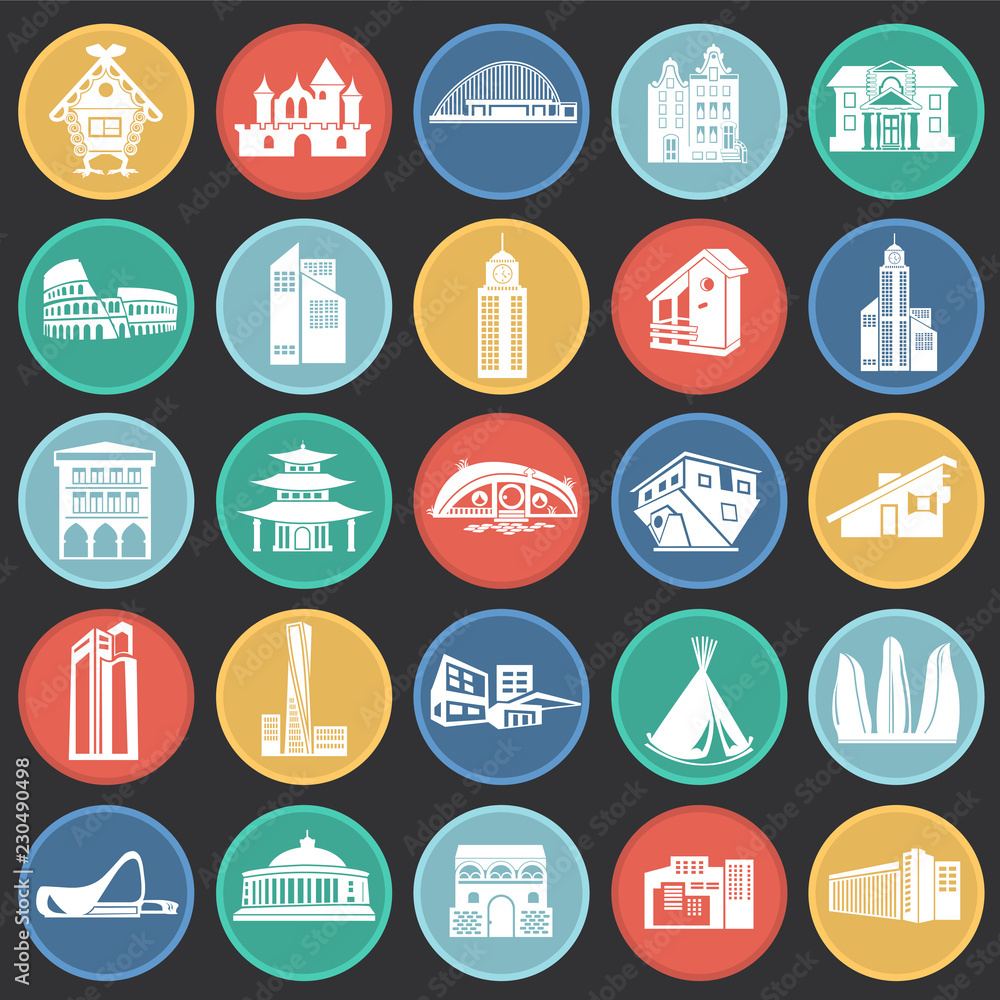 Modern and old buildings set on color circles black background icons Modern and old buildings set on color circles black background icons