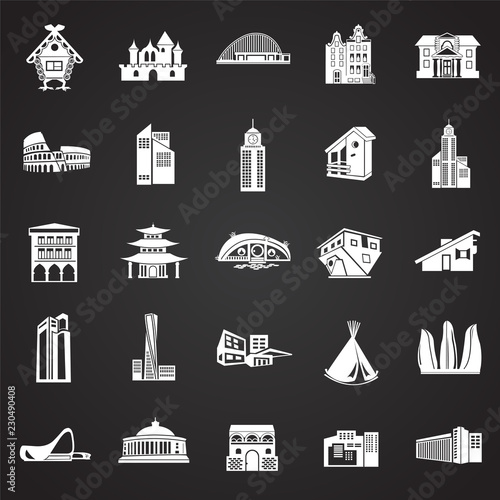 Modern and old buildings set on black background icons