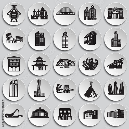 Modern and old buildings set on plates background icons