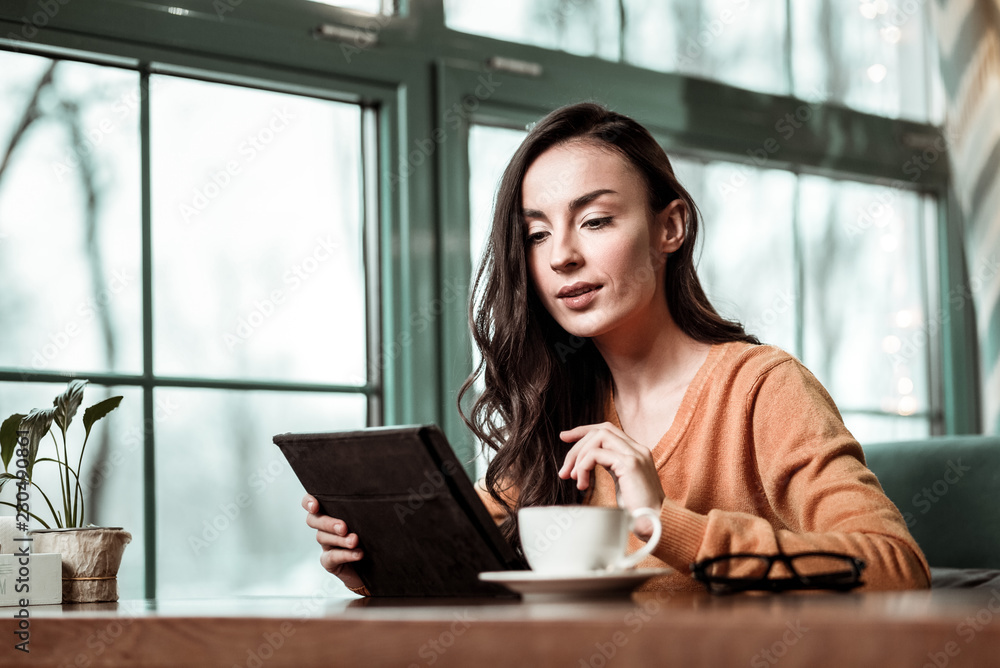 Concentrate on task. Amazing brunette sitting in cafeteria and working on distance Concentrate on task. Amazing brunette sitting in cafeteria and working on distance