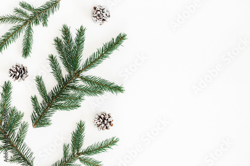 Christmas composition. Fir tree branches on white background. Christmas, winter, new year concept. Flat lay, top view, copy space