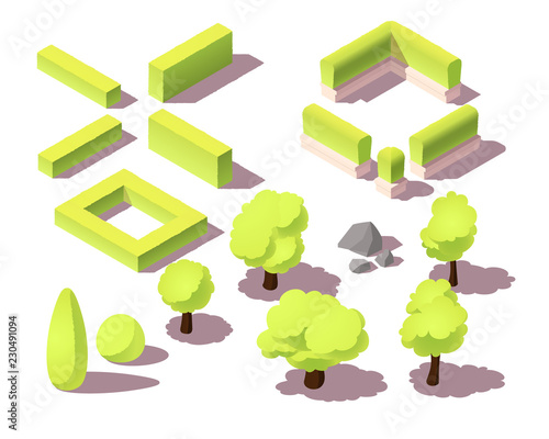 Isometric set of trees and hedges for city map. Park plants, bush, urban landscape, small rocks.