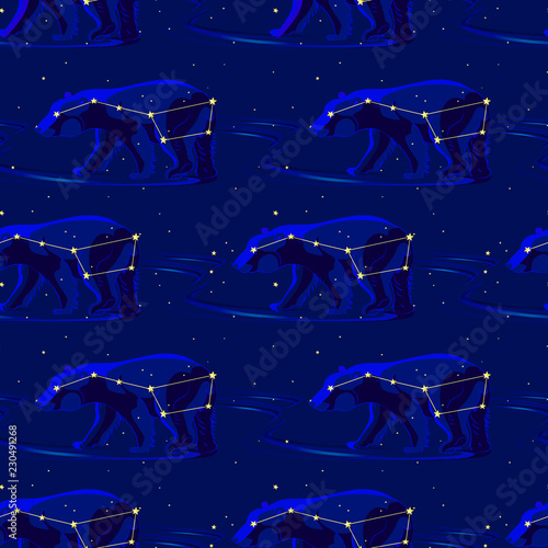 Ursa Major seamless pattern. Background with cute polar bear. The great bear star. Vector seamless pattern with constellation.