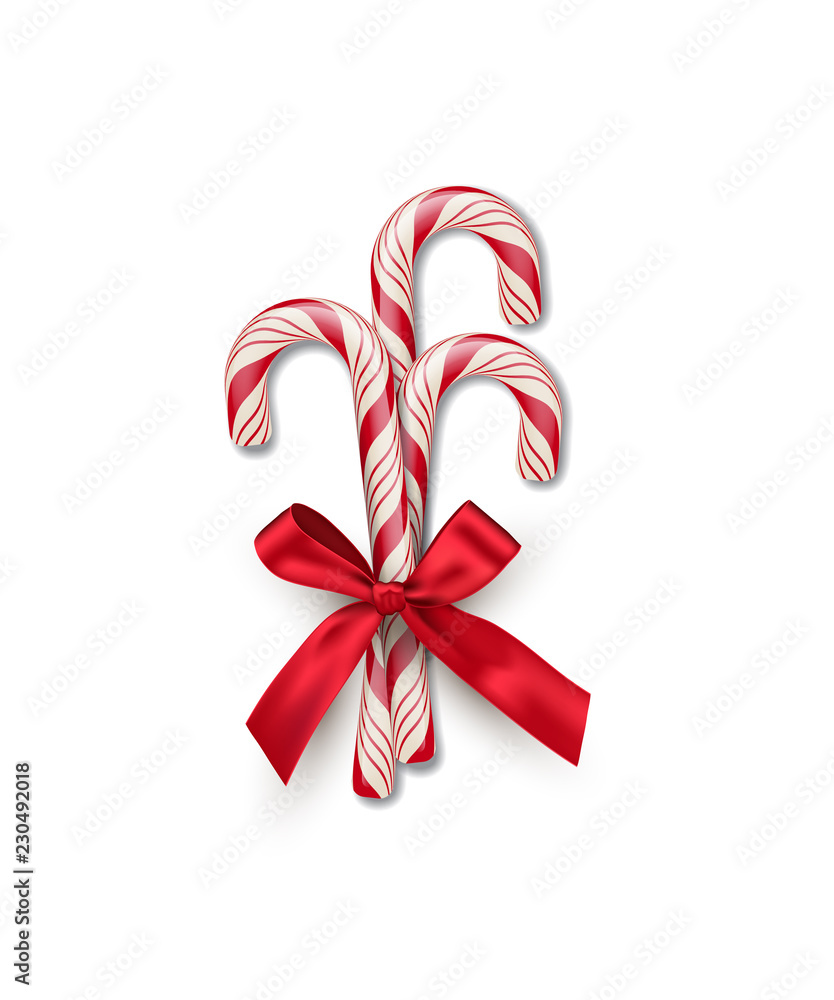 Three red striped candy canes with red bow isolated on white background. Vector Christmas and New Year design element. Three red striped candy canes with red bow isolated on white background. Vector Christmas and New Year design element.