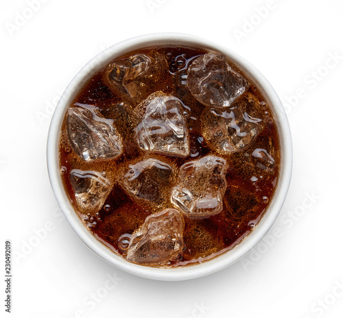 Cola drink with ice top view isolated on white