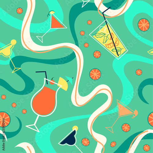 Creative trendy seamless pattern with cocktails, citrus and waves for your design project. Red and green colors.