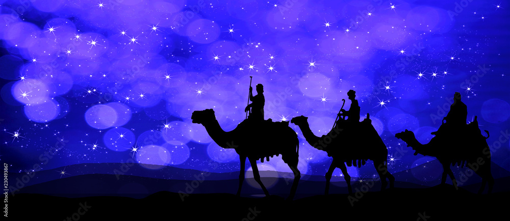 Three kings - wandering in the desert at night on the background of the sky glistening with stars and a strange glow