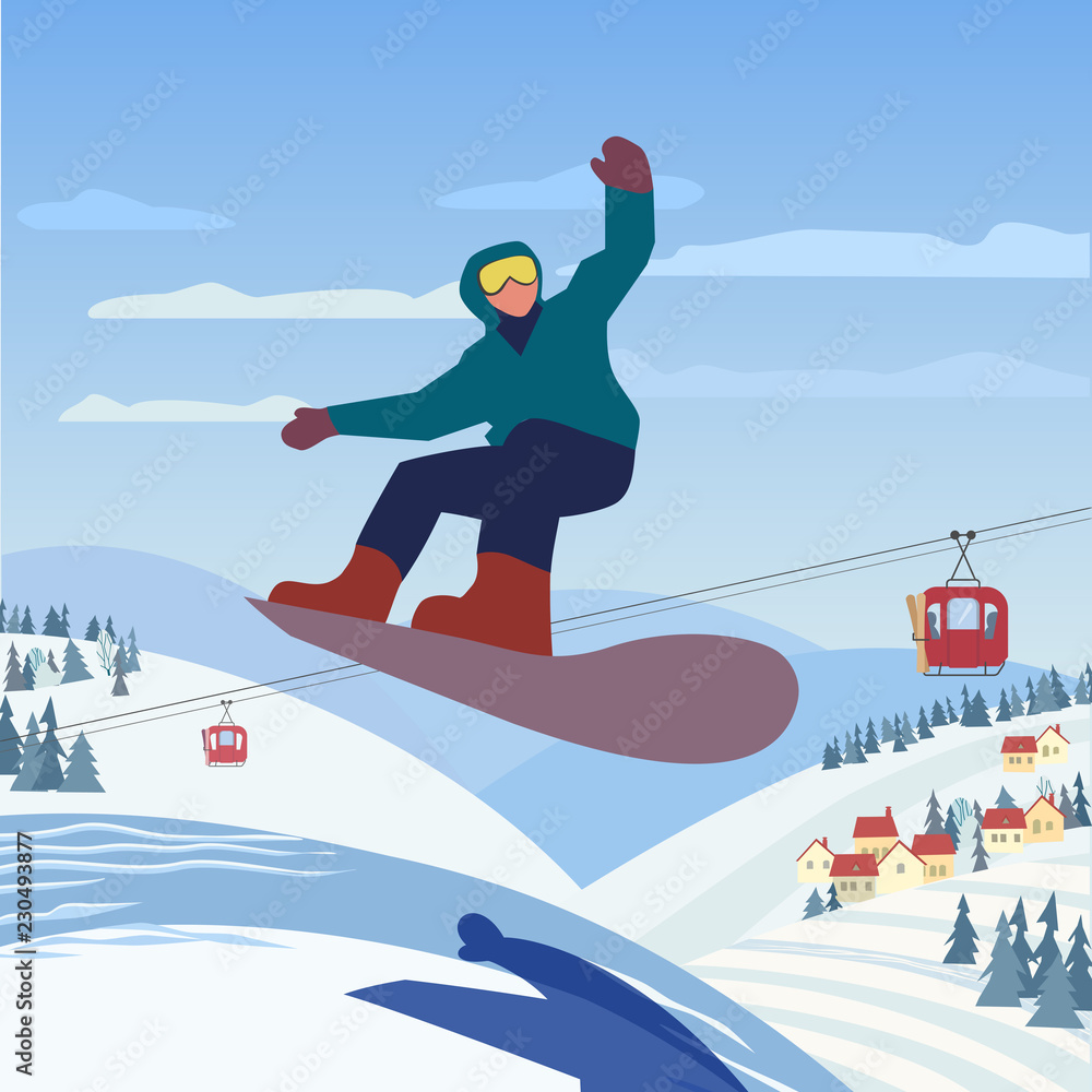 Snowboarding in mountains. Snowboarder slope on snowy hill. Colorful extreme sport cartoon. Winter outdoors leisure. Downhill from mountain top. Advertisement active lifestyle banner, flyer template