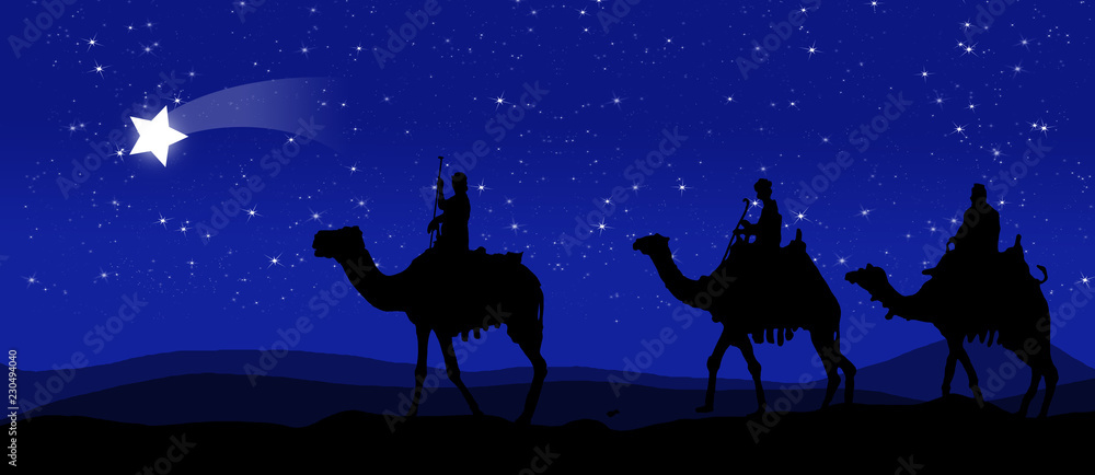 Three kings - wandering in the desert at night against the sky with stars and led by a star
