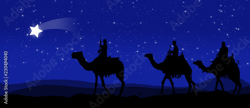 Three kings - wandering in the desert at night against the sky with stars and led by a star