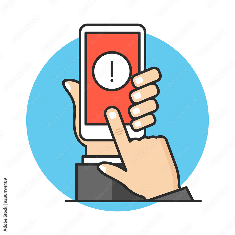 Vettoriale Stock Smartphone notification, mobile alert, warning concepts.  Hand holding mobile phone with exclamation point, finger touching screen.  Modern flat line design. Vector illustration | Adobe Stock