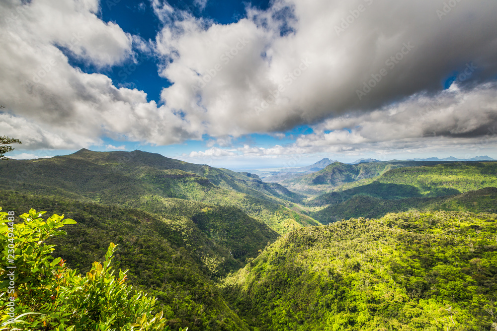 Panoramic view of Black River Gorges National Park, Gorges Viewpoint in Mauritius. It covers an area of 67.54 km including humid upland forest, drier lowland forest and marshy heathland.