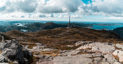 Scenic view of Ulriken Peak in Bergen Norway with Radio Communications Tower overlooking Horizon and City