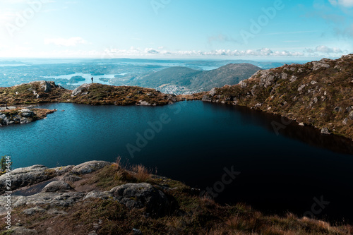 Scenic view of Ulriken Peak in Bergen Norway with Pond on Mountain with Human Figure Framed by Landscape
