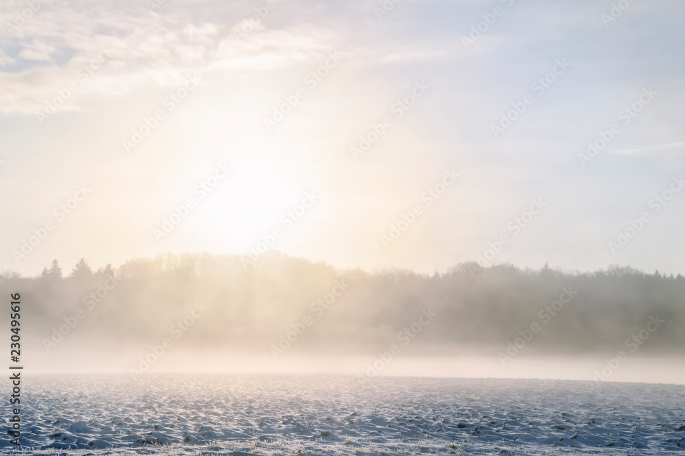 Winter misty sunrise over field and forest Winter misty sunrise over field and forest