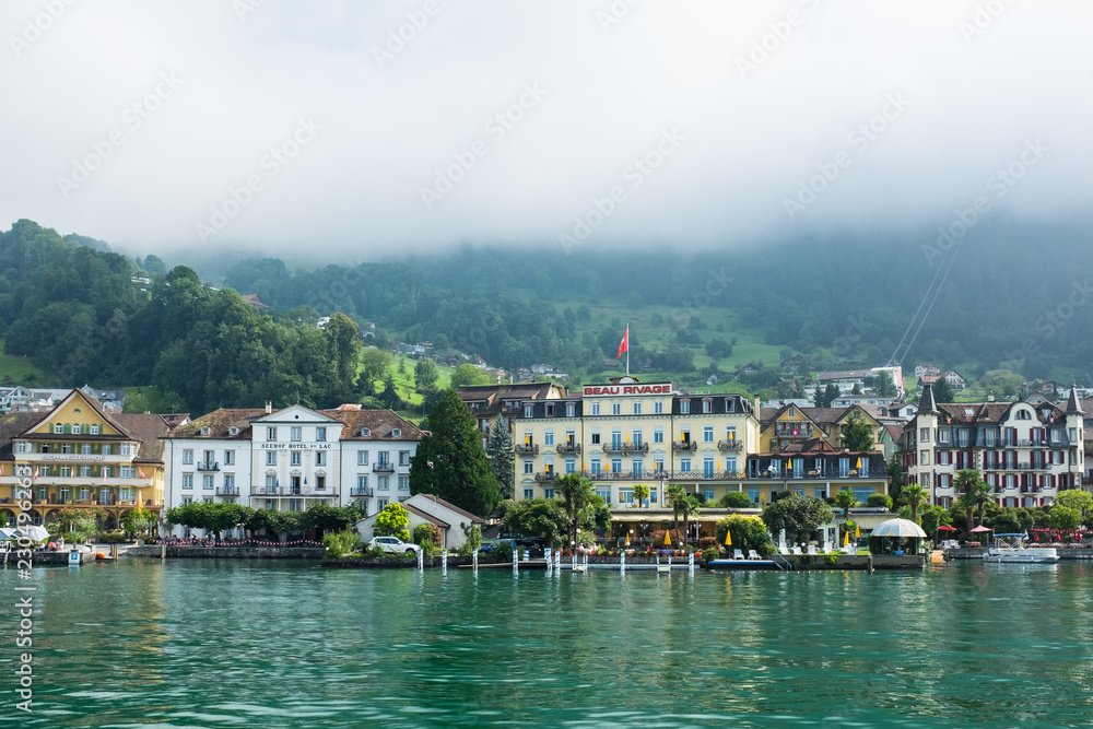 Hotel and homes along Lake Lucerne