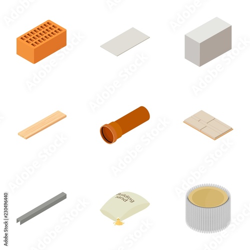 Fireclay icons set. Isometric set of 9 fireclay vector icons for web isolated on white background