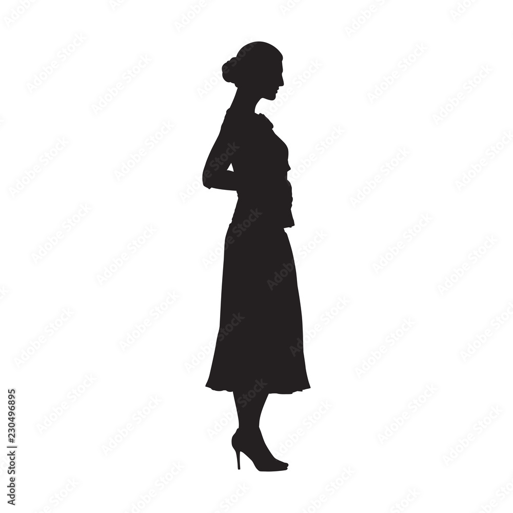 Woman standing in high heels shoes with hands in pockets, side view. Isolated vector silhouette