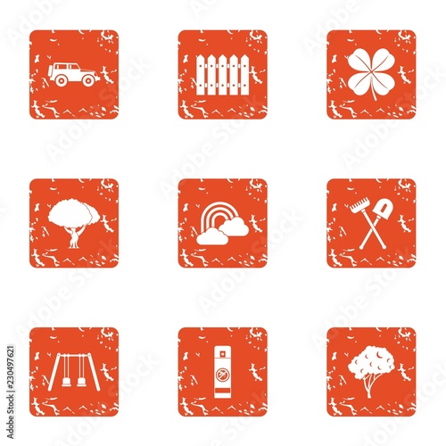 Front garden icons set. Grunge set of 9 front garden vector icons for web isolated on white background